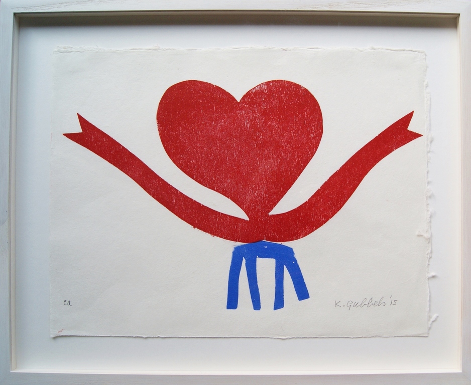 Klaas Gubbels houtdruk 'Hartenkan op tafel' - 2015 - oplage E/A.  kopen? Bied vanaf 425!