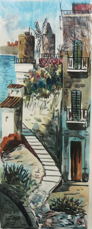 Dominguez Goyo: Dorpsgezicht Noord-Spanje -aquarel- kopen? Bied vanaf 35!