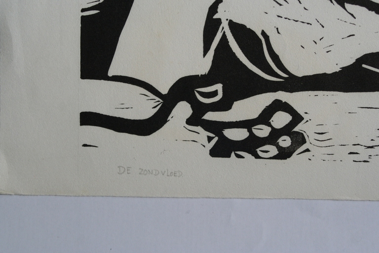 Karel Timmerman - linodruk - De Zondvloed - circa 1968 - gesigneerd kopen? Bied vanaf 1!