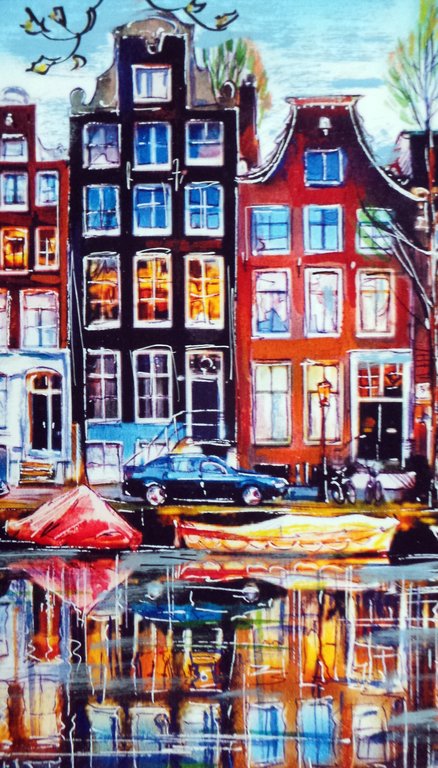 Elena Polyakova (21e eeuw)  - Amsterdamse grachten -Gemengde techniek kopen? Bied vanaf 90!