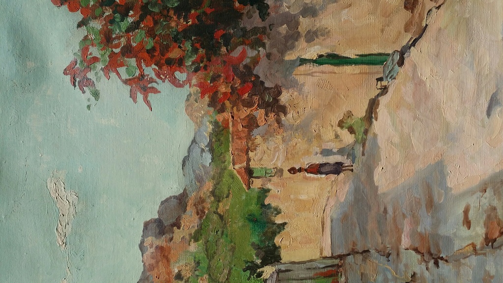 Onbekende kunstenaar. Olieverf op doek. Dorpsgezicht met figuur.  kopen? Bied vanaf 7!