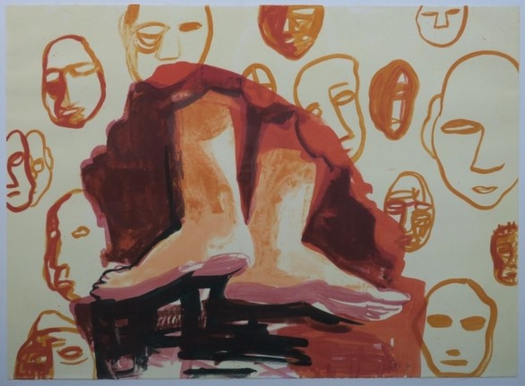 Elizabeth de Vaal: Litho, Compositie met hoofden en een paar voeten - Ingelijst kopen? Bied vanaf 20!