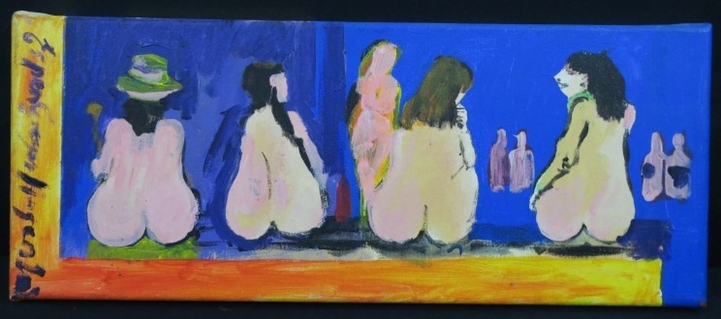 Espen Hagen: Acryl op doek, Rijtje naakte dames verkocht voor € 100!