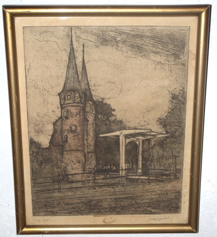 Brug en poort Nijmegen(?) - kleurenets, eigen druk verkocht voor € 65!