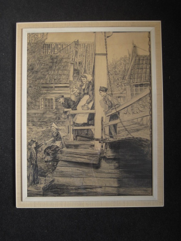 Antieke 1931 houtskooltekening "op een brug in Volendam" gesigneerd  kopen? Bied vanaf 1!