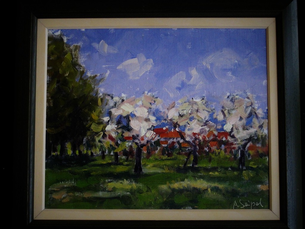 Fraai impression 1950 Hongaars? gesigneerd olieverf "landschap met bloesembomen" kopen? Bied vanaf 1!