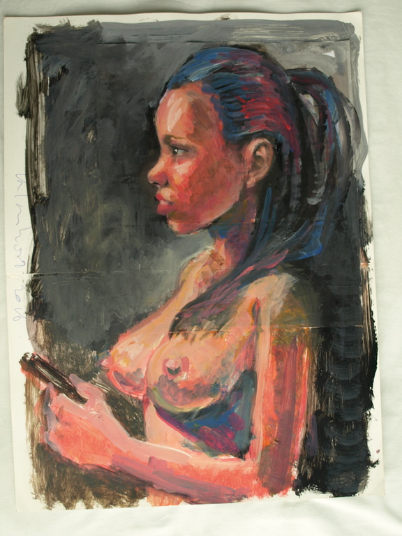 Peter Klashorst : acrylverf op papier , Vrouw met mobieltje – 2016 kopen? Bied vanaf 75!