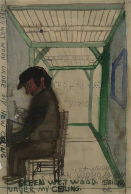 Armen Eloyan: Aquarel en potlood,Green wet wood under my new ceiling - Ingelijst kopen? Bied vanaf 250!