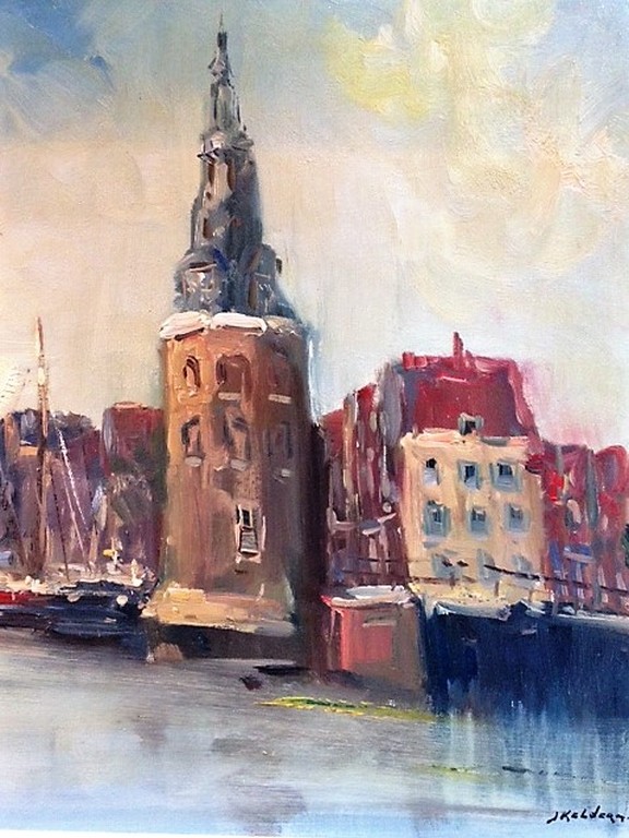 Jan Kelderman (1914-1990), olieverf op doek, Zicht op de plaats Hoorn kopen? Bied vanaf 50!