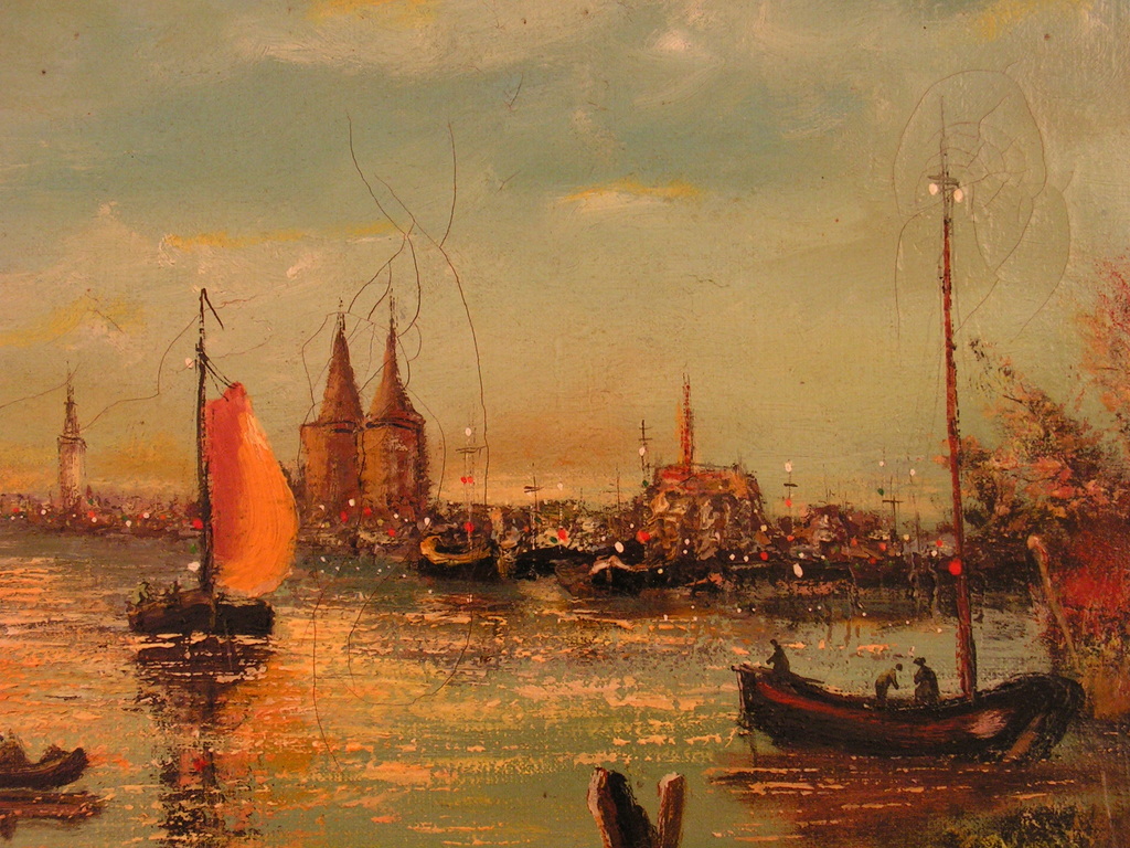 Onbekende kunstenaar - olieverf op doek - mogelijk haven van Sneek? kopen? Bied vanaf 90!