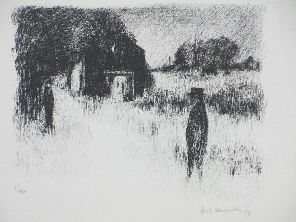 Metten Koornstra, Figuren in duister landschap bij huis, Litho verkocht voor € 45!
