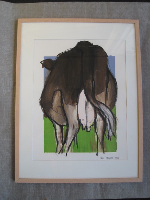 Grote gemengde techniek voorstelling "KOE" van Ellen Meuwese (1948-) gesigneerd  kopen? Bied vanaf 1!
