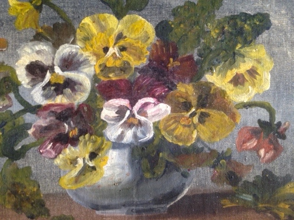 Schilderij Violen in vaas - gesigneerd 46 X 40 cm -in oude lijst. verkocht voor € 35!