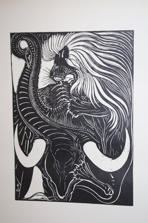 JAN SCHONK - ART DECO HOUTSNEDE 1926 - LEEUW EN DE OLIFANT verkocht voor € 45!