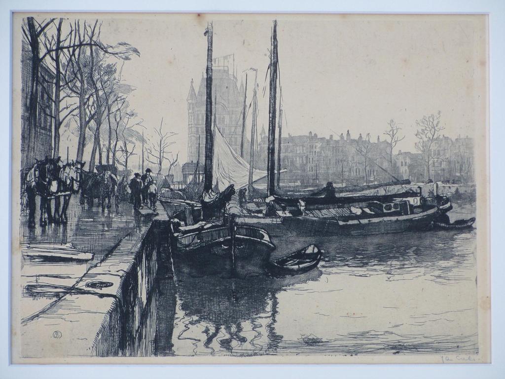 Jan Sirks, Gezicht op Oude Haven Rotterdam, Ets verkocht voor € 50!