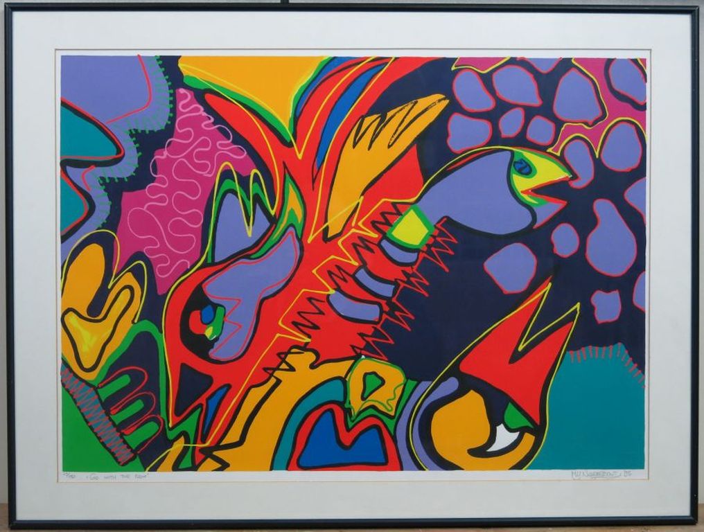 Marianne Naerebout: Zeefdruk, Go with the flow - Ingelijst kopen? Bied vanaf 60!