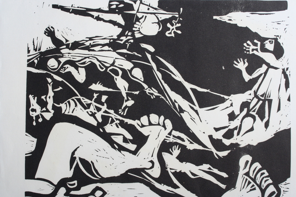 Karel Timmerman - linodruk - De Zondvloed - circa 1968 - gesigneerd kopen? Bied vanaf 1!