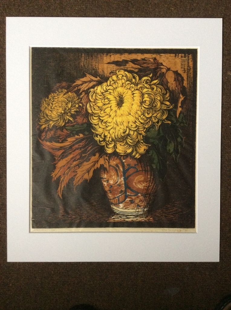 Piet Verhaaren - chrysanten in vaas - linosnede, 1931 kopen? Bied vanaf 25!