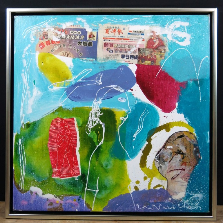 Dominique Chan: Acryl en collage op doek, Z.T. - Ingelijst (groot) kopen? Bied vanaf 250!