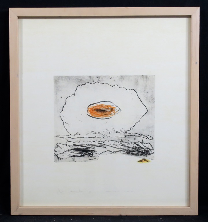 Kees Landa: Gemengde grafische techniek, Landschap met alziend oog - Ingelijst verkocht voor € 35!
