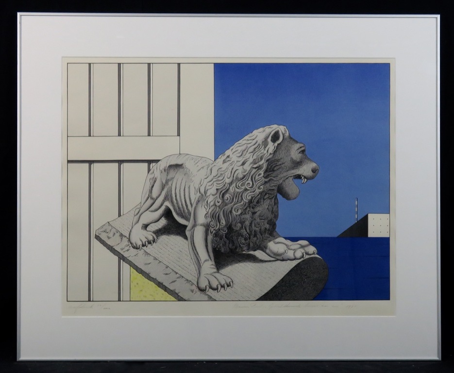 Marinus Fuit: Zeefdruk, Gebeeldhouwde leeuw aan zee - Ingelijst (groot) verkocht voor € 35!