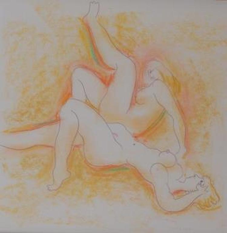 Theo Beerendonk, stoeiende vrouwen, potlood/pastel 25 x 25 - 1968 gesigneerd verkocht voor € 50!