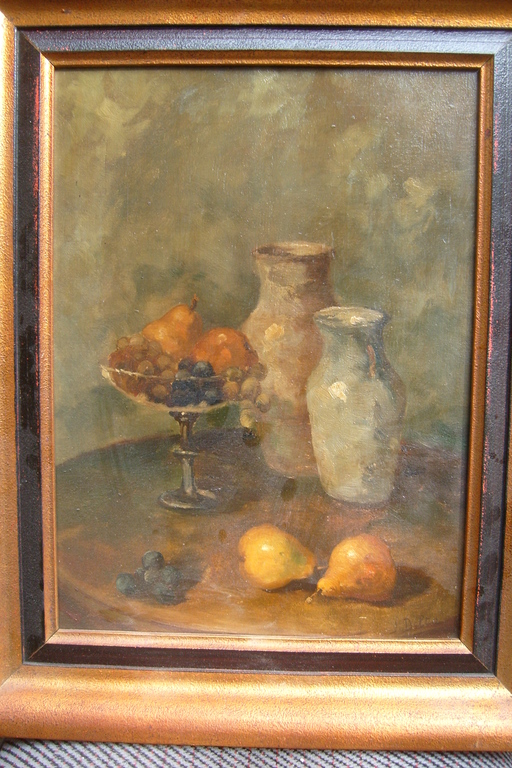 J.Delta, stilleven, twee vazen met glazen bowl met fruit kopen? Bied vanaf 25!