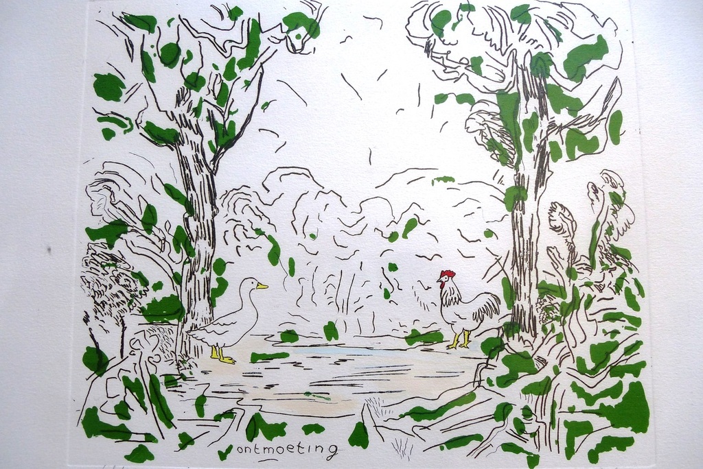 Pieter Holstein, handingekleurde  kleurenets: Ontmoeting, 1978, handgesigneerd e verkocht voor € 75!