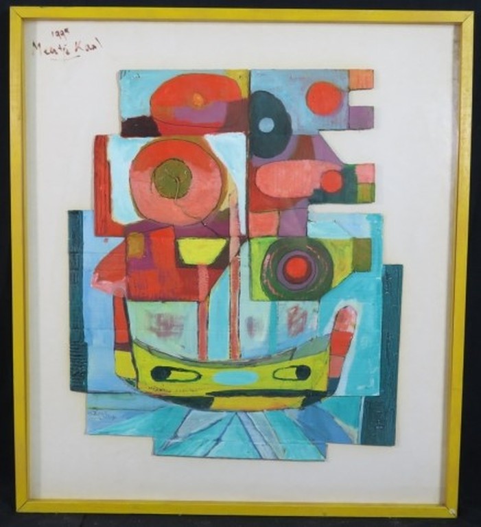 Meertje Kaal: Beschilderde Collage van karton, Schip - Ingelijst kopen? Bied vanaf 1!