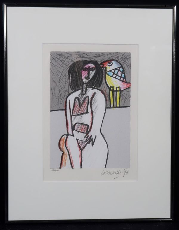 Corneille: Lithografie, Femme et Oiseau - Ingelijst verkocht voor € 100!