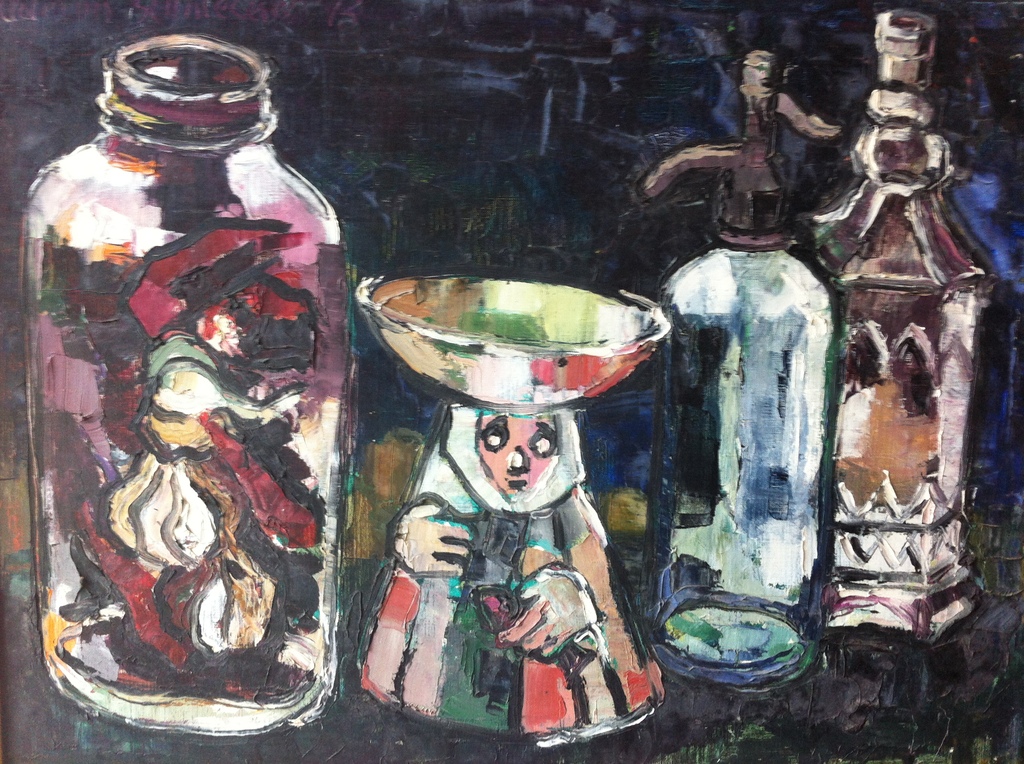 Adrian Stahlecker, Pot en flessen 1974, olieverf. 75X56 kopen? Bied vanaf 88!