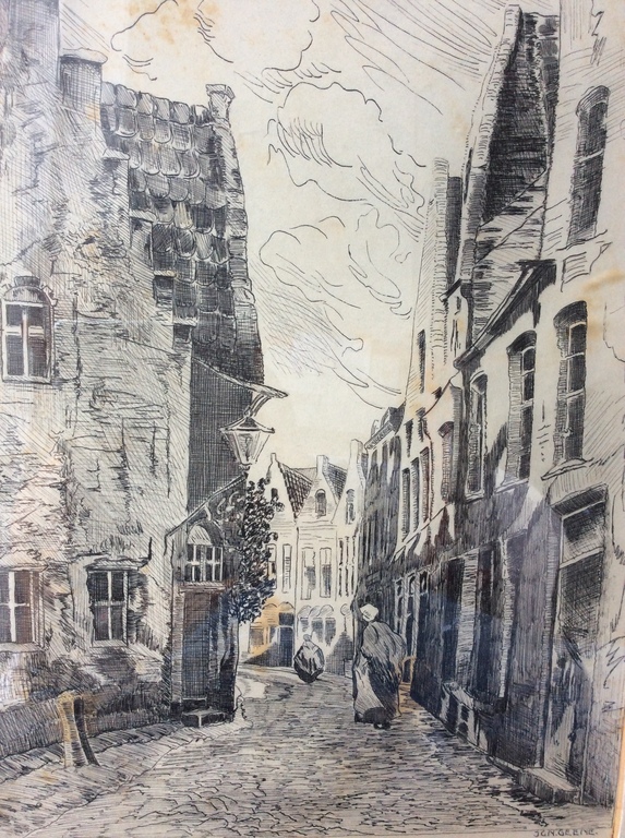 Pen getekende Litho tekening genaamd Brugges gesigneerd recht onder  kopen? Bied vanaf 1!