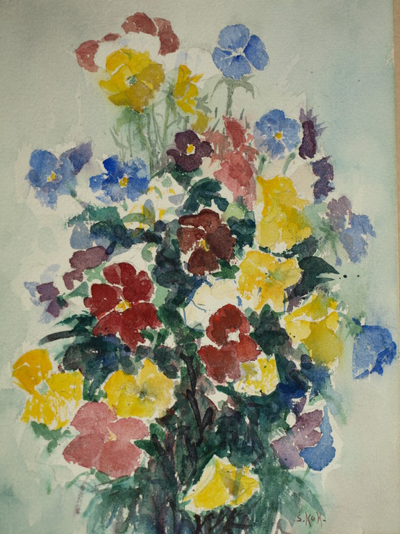 SIMON KOK – Aquarel – Violen – Gesigneerd – In passe-partout - ca 1980. kopen? Bied vanaf 35!