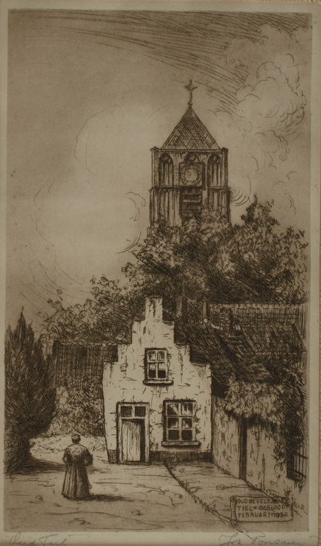 Johan Ponsioen (1900-1969) – Ets - Oud Tiel – Gesigneerd – ca 1933  verkocht voor € 50!