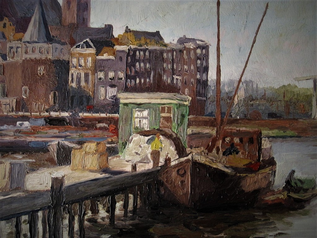 Oud gesignrd olieverf "Amsterdam Prins Hendrikkade en Schreierstoren" S.M.v Beek kopen? Bied vanaf 1!