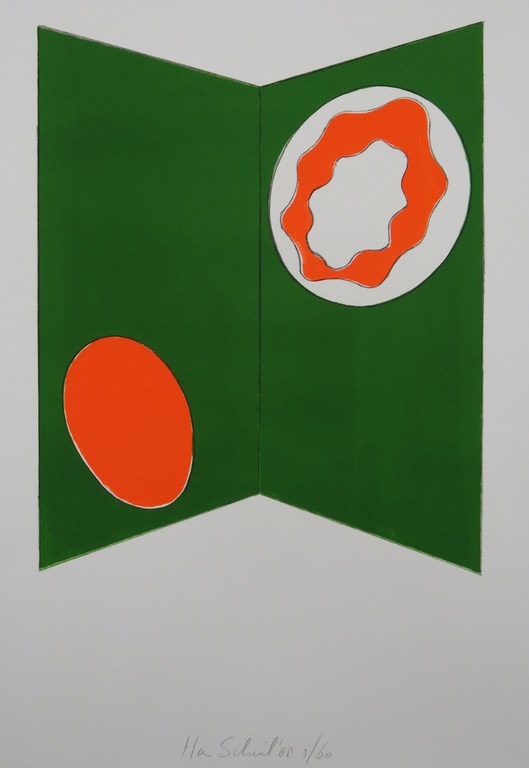 Han Schuil: Litho, Compositie groen/neon-oranje verkocht voor € 150!
