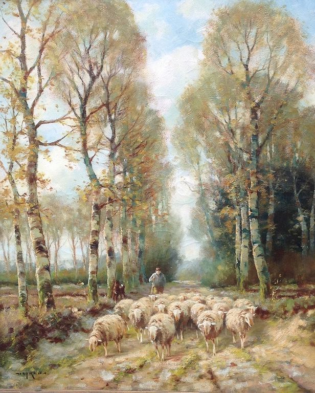 M.J. Nefkens, olie op doek, bosgezicht met schaapskudde en herder kopen? Bied vanaf 500!