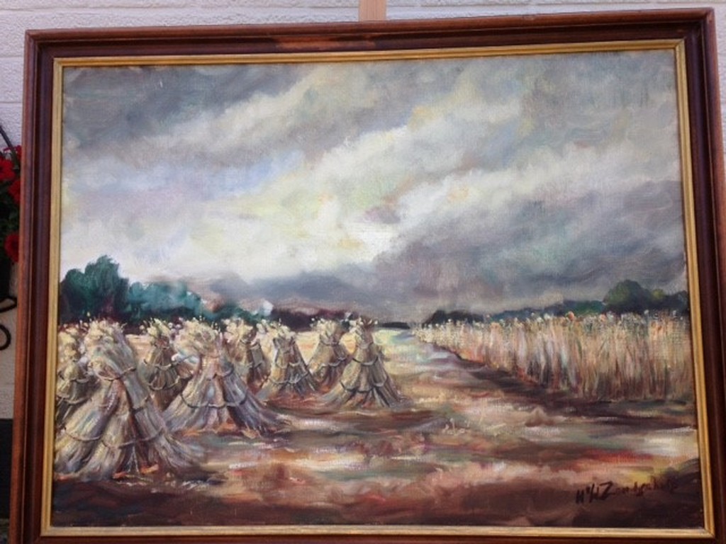 Henk van de Zandschulp, olieverf op doek, Korenschoven op het veld kopen? Bied vanaf 100!