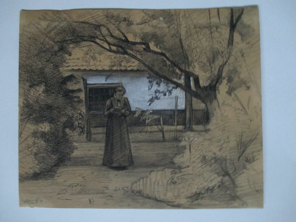 H.A.C Dekker, tekening gesigneerd, lezende vrouw in tuin kopen? Bied vanaf 70!