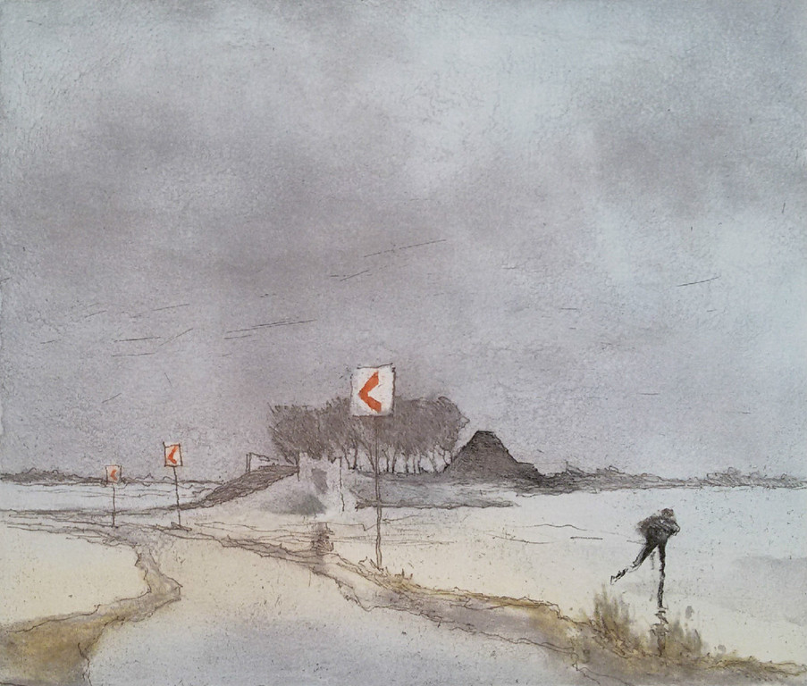 Mart Kempers - Winters tafereel met schaatser, aquatint ets verkocht voor € 75!
