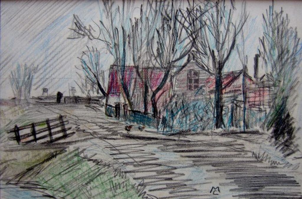 Chris Moret (1906-1979) - Potloodtekening, Hollands landschapje kopen? Bied vanaf 1!