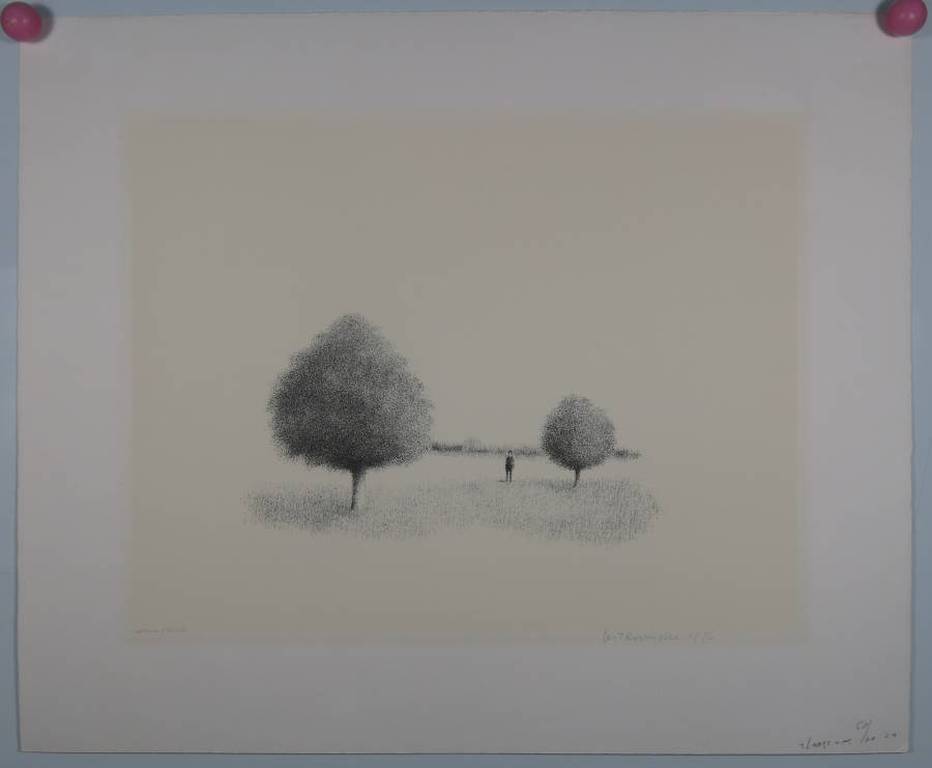 Metten Koornstra: Litho, Figuur in landschap tussen twee bomen kopen? Bied vanaf 50!