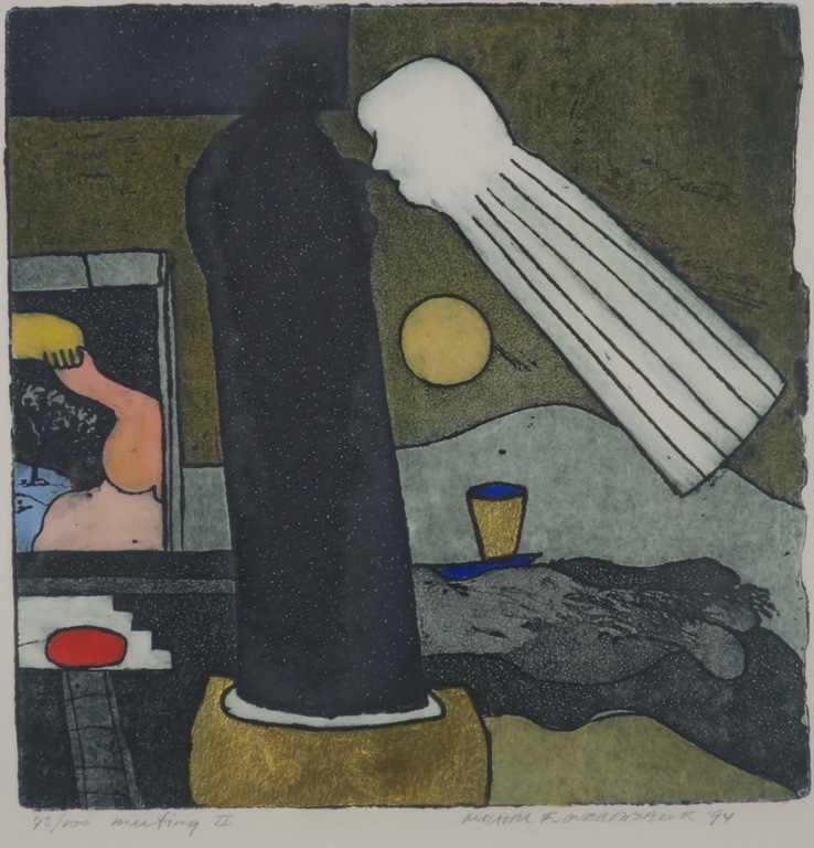 Michel van Overbeeke: Handgekleurde Ets met Bladgoud, Meeting II - Ingelijst verkocht voor € 40!