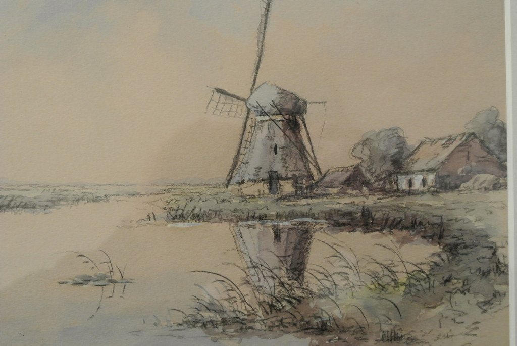 Hendrik Frauenfelder. Molen en water bij Warmond. Gem. Techniek. Mooi ingelijst. kopen? Bied vanaf 125!