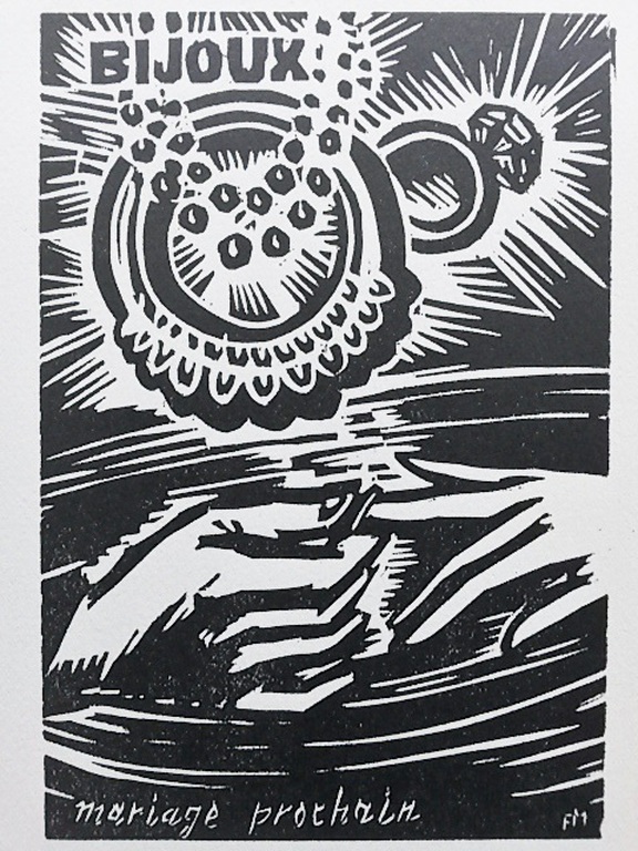 Frans Masereel, houtsnede: Bijouterie, Mariage Prochaine 1950 verkocht voor € 40!