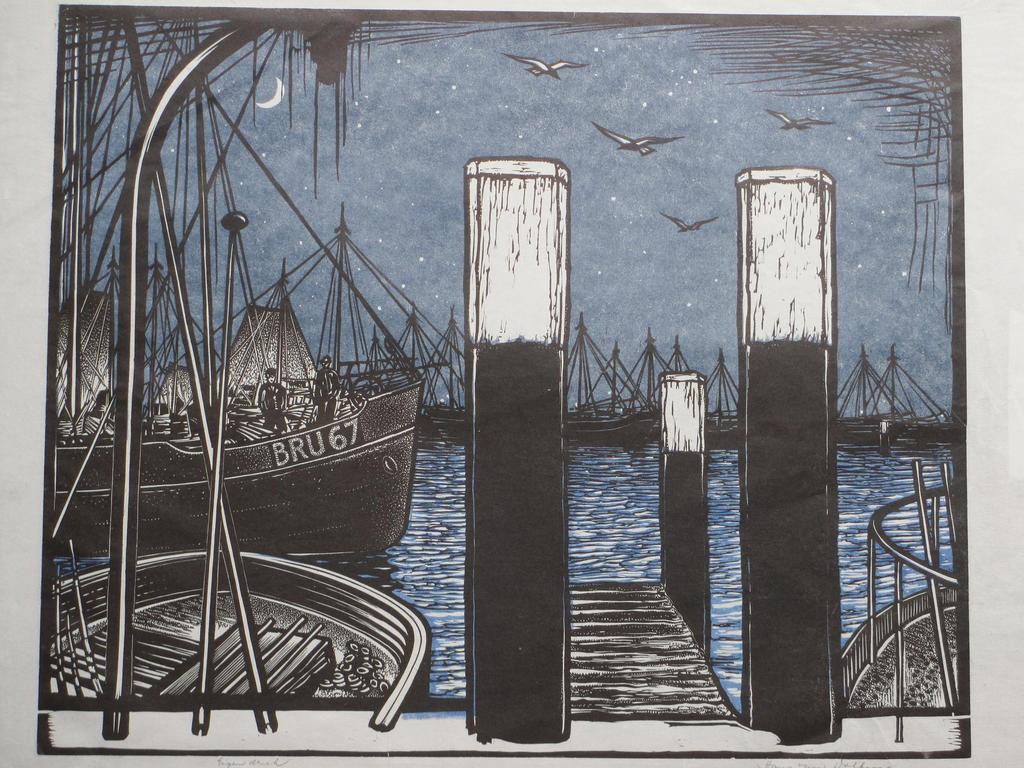 Hans van Dokkum, Schepen in de haven bij avond, Kleurlinosnede kopen? Bied vanaf 40!