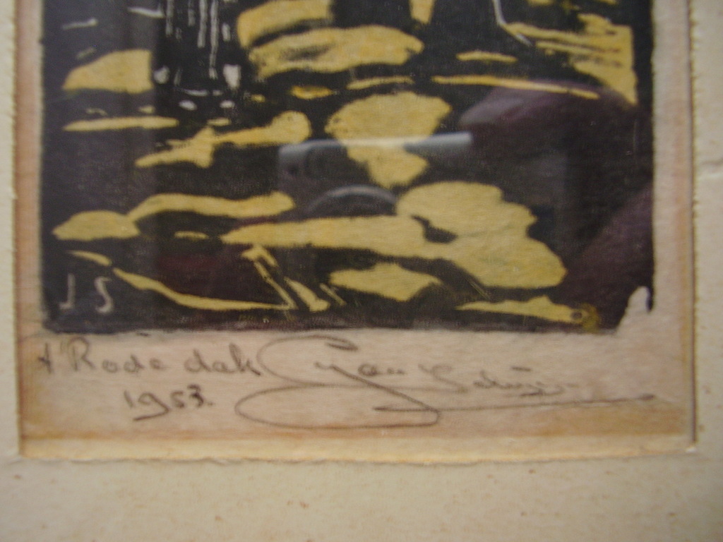 Jan Schrijvers: houtsnede op Japans papier, 't rode dak kopen? Bied vanaf 20!