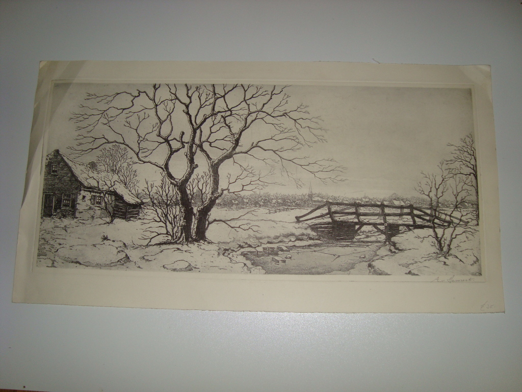 Anton van Hemert, ets ''Winter in Holland''. Of Hollands Sneeuw Landschap kopen? Bied vanaf 35!