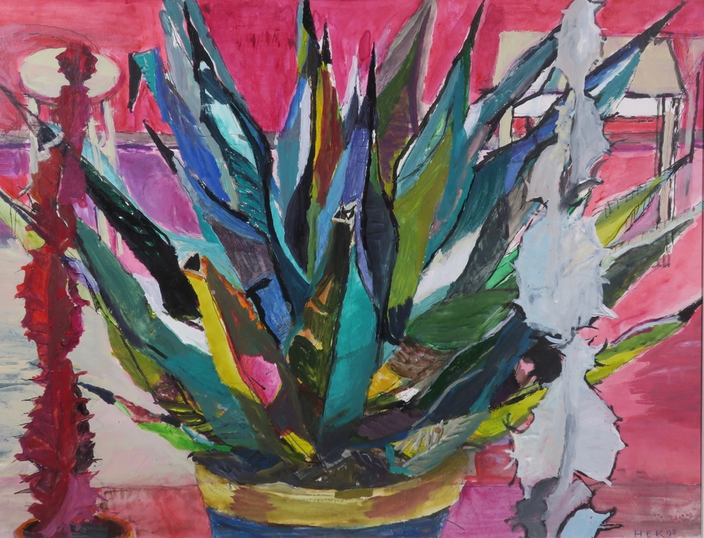 Hans Ebeling Koning: Acryl en pen op papier, Agave en tafel - Ingelijst kopen? Bied vanaf 100!
