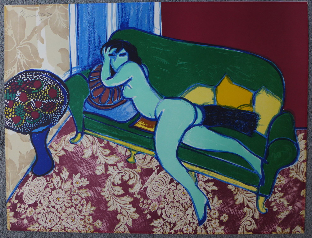 Corneille, zeefdruk uit 1979. titel: Divan vert. beeldformaat 49.5 x 65.1 cm. verkocht voor € 200!